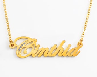 CINTHIA Gold Tone Name Necklace With Crystals - Personalized Jewelry - Free Gift Box & Bag Included