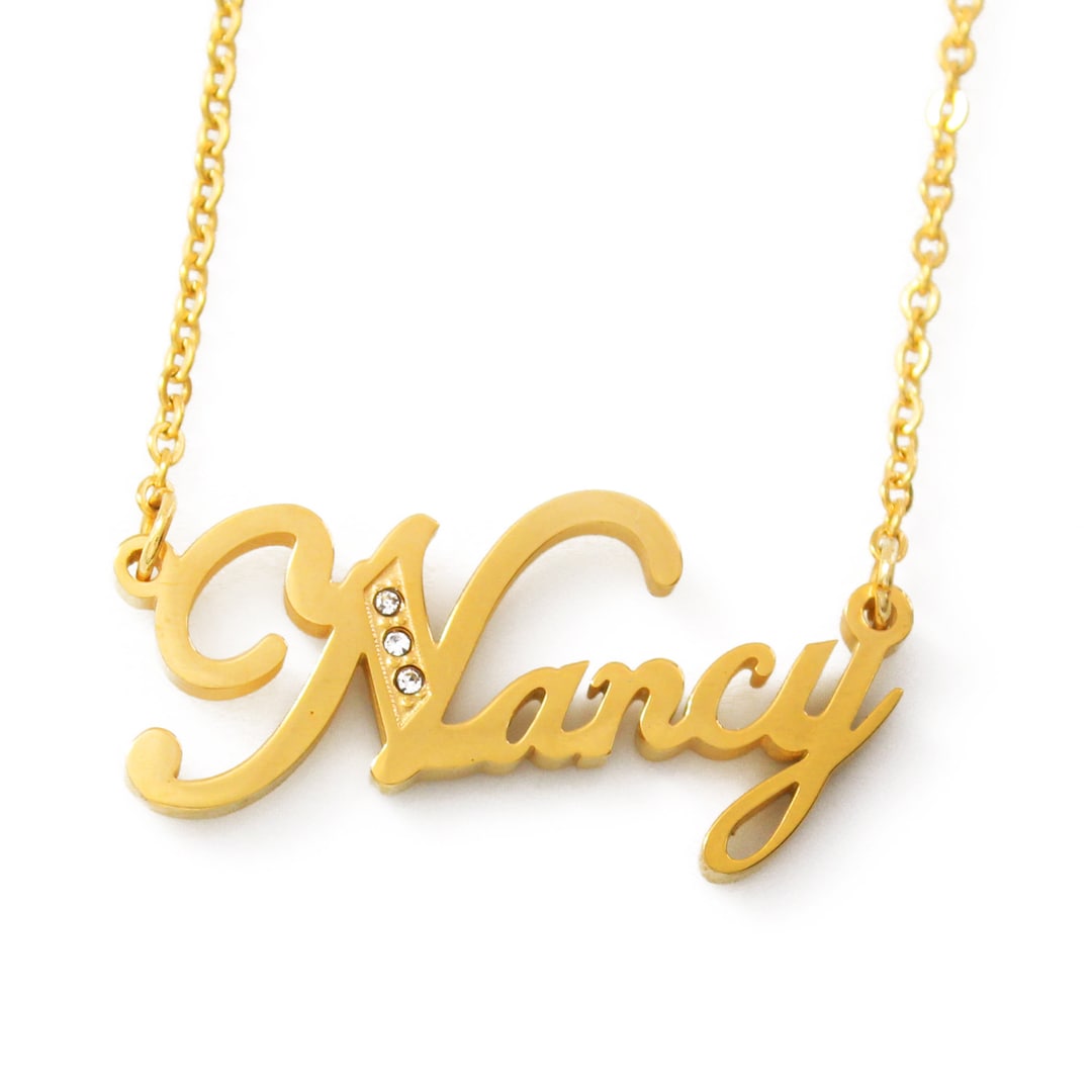 Nancy Gold Tone Name Necklace With Crystals Personalized Jewellery Free ...