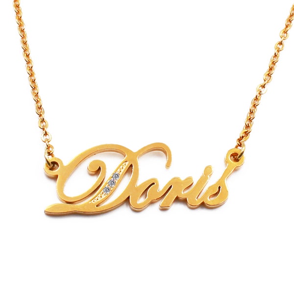 Name Necklace Doris-Gold tone with crystals| Personalized Jewelry  | Gift Box & Bag Included |Collar con nombre Doris-custom name necklace