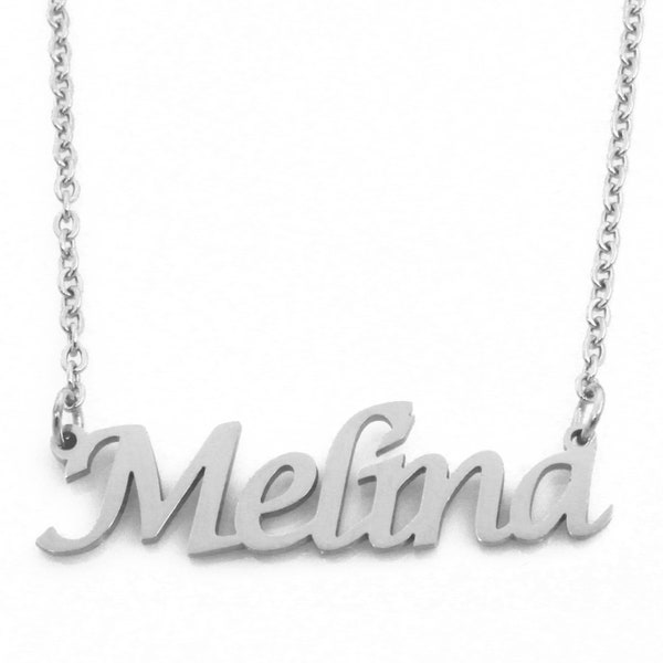 Melina- Silver Tone Name Necklace - Personalized Jewellery - Free Gift Box & Bag - Pendants Italic Christmas