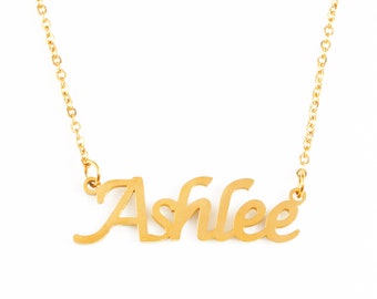 Ashlee - collier de nom personnalisé -plaqué or 18ct - Coffret cadeau et sac gratuits - Collier de nom personnalisé - cadeaux personnalisés pour femmes - gravé