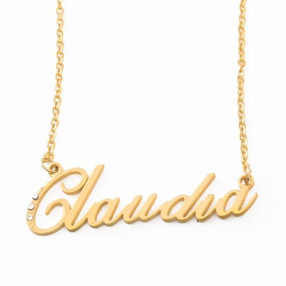 CLAUDIA Gold Tone Name Necklace With Crystals Personalized
