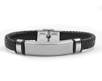 Gepersonaliseerde gevlochten leren herenarmband – met gegraveerde naamplaat