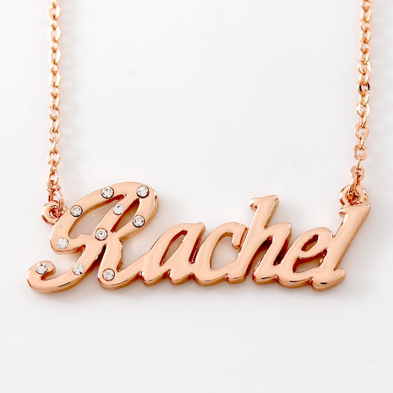 RACHEL 18K Rose Gold Plated Name Necklace With Cubic Zirconia Crystals