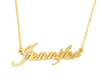 JENNIFER Gold Tone Name Necklace With Crystals - Personalized Jewelry - Free Gift Box & Bag Included