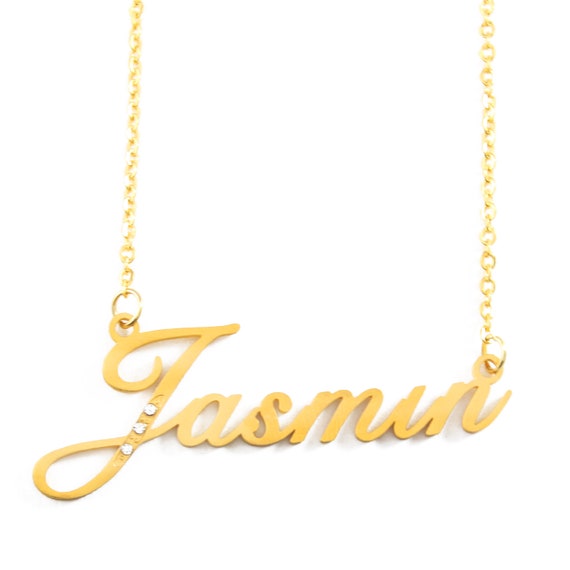 Cubic Zirconia Mothers Day Birthday Jasmin Name Necklace Gold Tone
