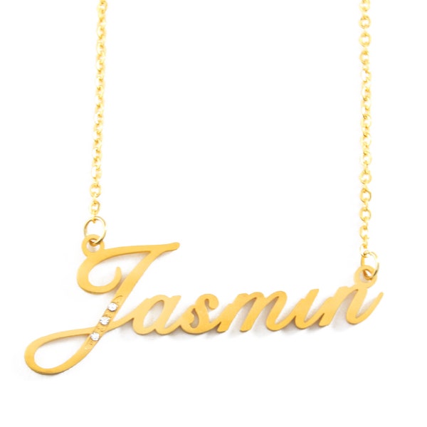 Jasmin - Gold Tone With Crystals Name Necklace For Women - Birthday Jewellery Christmas Anniversary Gifts - Free Gift Box & Bag Included