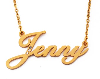 JENNY Gold Tone Name Necklace With Crystals - Personalized Jewelry - Free Gift Box & Bag Included