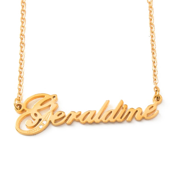 Geraldine - Gold Tone With Crystals Name Necklace For Women - Birthday Jewellery Christmas Anniversary Gifts - Free Gift Box & Bag Included