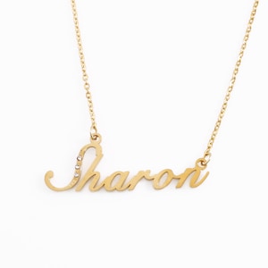 SHARON Gold Tone Name Necklace With Crystals - Personalized Jewellery - Free Gift Box & Bag Included