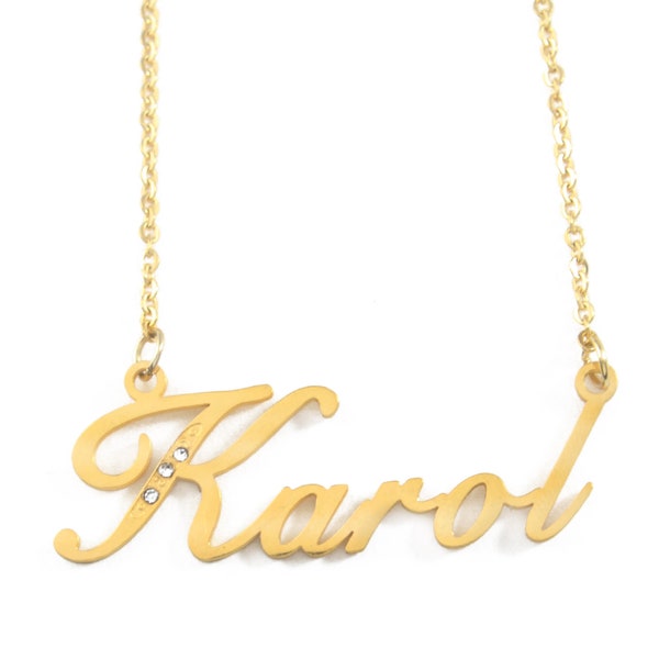 Karol - Gold Tone With Crystals Name Necklace For Women - Birthday Jewellery Christmas Anniversary Gifts - Free Gift Box & Bag Included