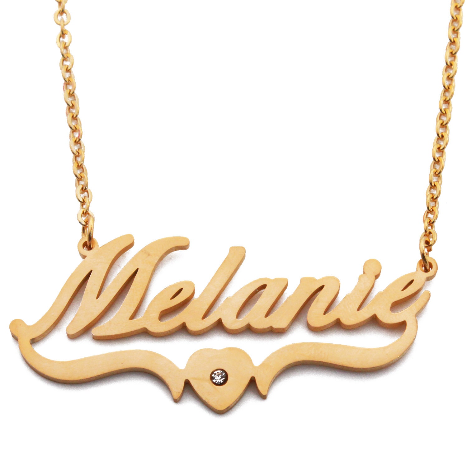 Name Necklace MELANIE Personalized Custom Made Heart Shaped 18ct