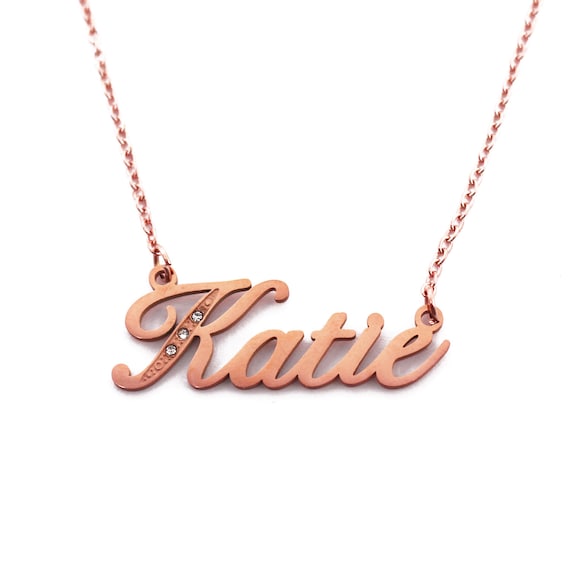 KATIE Name Necklace Italic Personalized Jewellery Gold Tone Rose