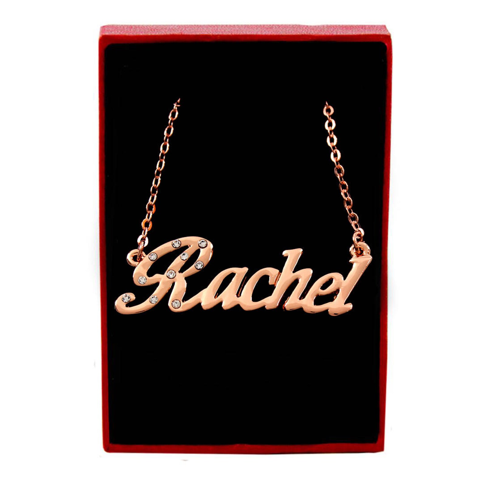 RACHEL 18K Rose Gold Plated Name Necklace With Cubic Zirconia Crystals