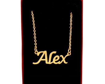 Alex - Nom Collier 18ct Or Plaqué - Boîte cadeau gratuite - Sac - Pendentifs Italic Présent