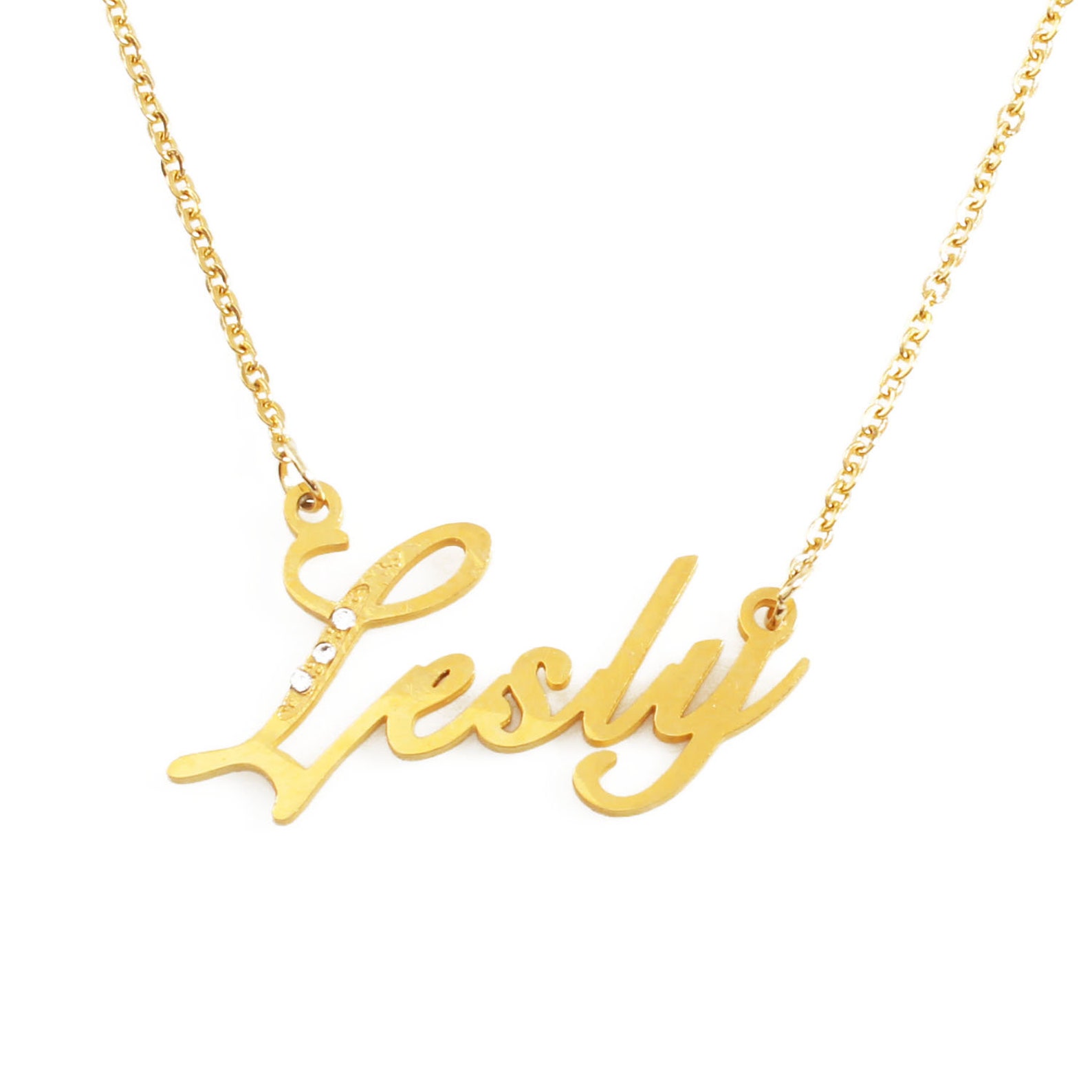 LESLY Gold Tone Name Necklace With Crystals Personalized | Etsy