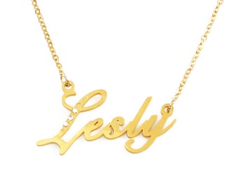 LESLY Gold Tone Name Necklace With Crystals - Personalized Jewelry - Free Gift Box & Bag Included