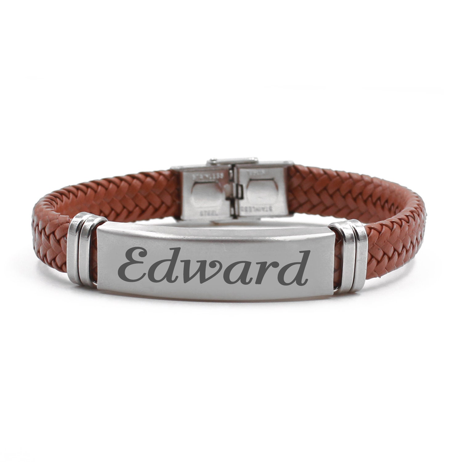 Etsy - Namenecklacedirect Men's Brown Edward Leather Braided Personalized Bracelets | Any Name Engravable Pulseras Para Hombres Free Gift Box & Bag Included
