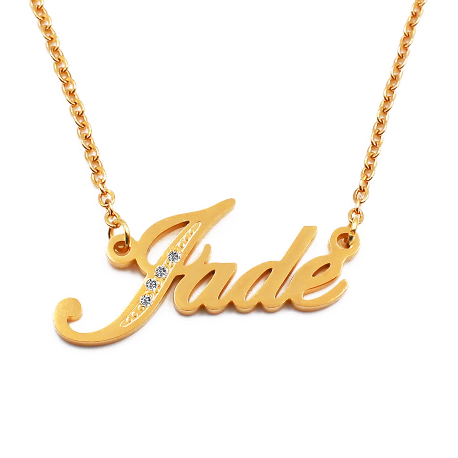 Jade Gold Tone Name Necklace With Crystals Personalized Jewelry Free Gift Box & Bag Included