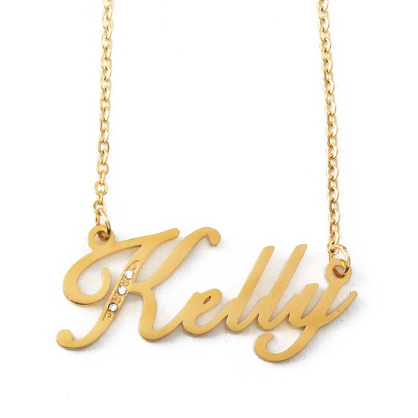 Kelly - Gold Tone With Crystals Name Necklace For Women - Birthday Jewellery Christmas Anniversary Gifts - Free Gift Box & Bag Included