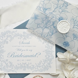 Carte de proposition de demoiselle d'honneur bleu poudré avec toile française - parfaite pour votre boîte de demoiselle d'honneur ou votre quelque chose de bleu !