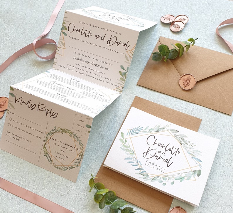 Greenery Geometric Trifold Concertina Wedding Invitation