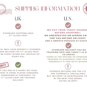 May include: A graphic with the text "SHIPPING INFORMATION" and details for UK and U.S. shipping. Includes information on standard and express options, tariff charges, and delivery times. Features stamps and checkmarks.