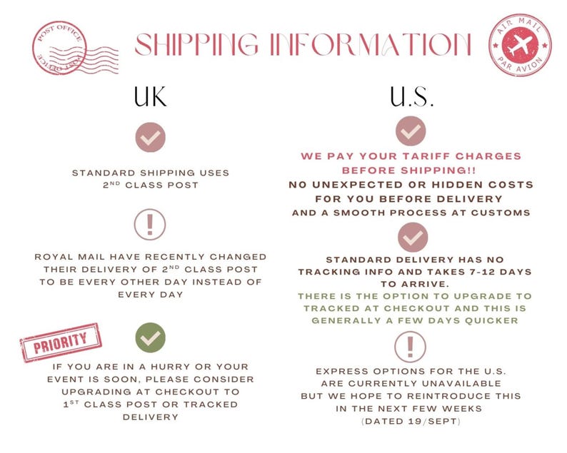 May include: A graphic with the text "SHIPPING INFORMATION" and details for UK and U.S. shipping. Includes information on standard and express options, tariff charges, and delivery times. Features stamps and checkmarks.