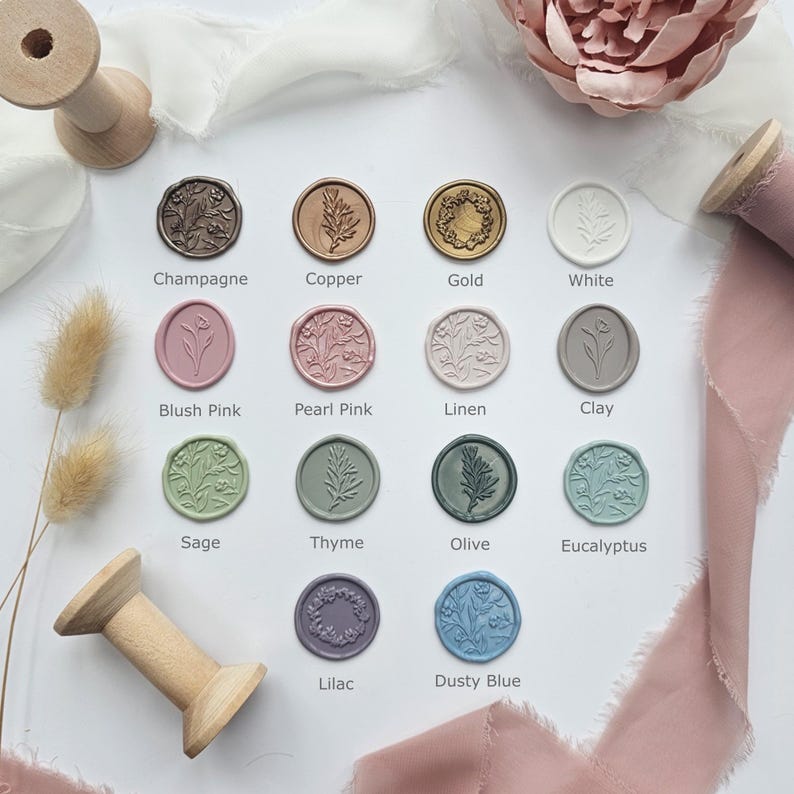 May include: A collection of wax seals in various colors, including Champagne, Copper, Gold, White, Blush Pink, Pearl Pink, Linen, Clay, Sage, Thyme, Olive, Eucalyptus, Lilac, and Dusty Blue. Each seal features a unique botanical design.