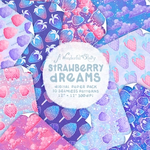 Pacote de papel digital de morango fofo, padrão sem emenda de primavera pastel, design para impressão de ovelhas de berçário, planejador de conto de fadas, nuvem de algodão doce