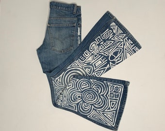 1960's Levis 684 Bell Bottom Flair Jeans Custom Painted Hippie Protest Symbols 27/28 I11