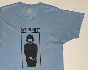 1980's Vintage Syd Barrett T Shirt Black on Blue Medium Screen Stars