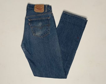 1990's Vintage Levis 501 Denim Jeans Dark Wash Distressed 31/32 Measured USA F3