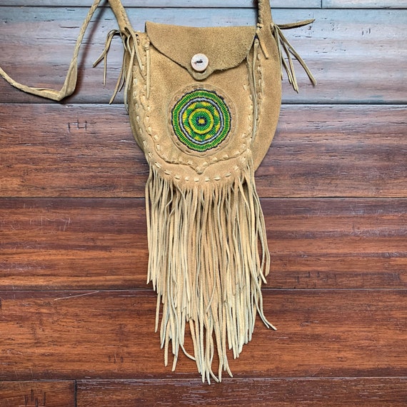 1970's Vintage Beaded Suede leather fringe bag Bo… - image 2