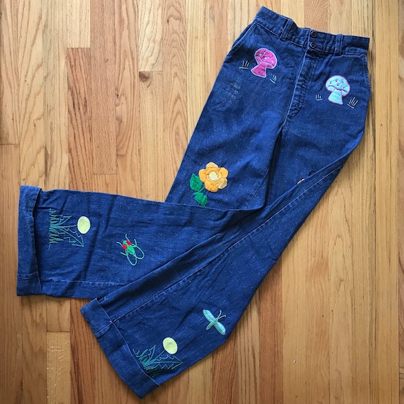 70's Vintage Hand embroidered denim bell bottoms