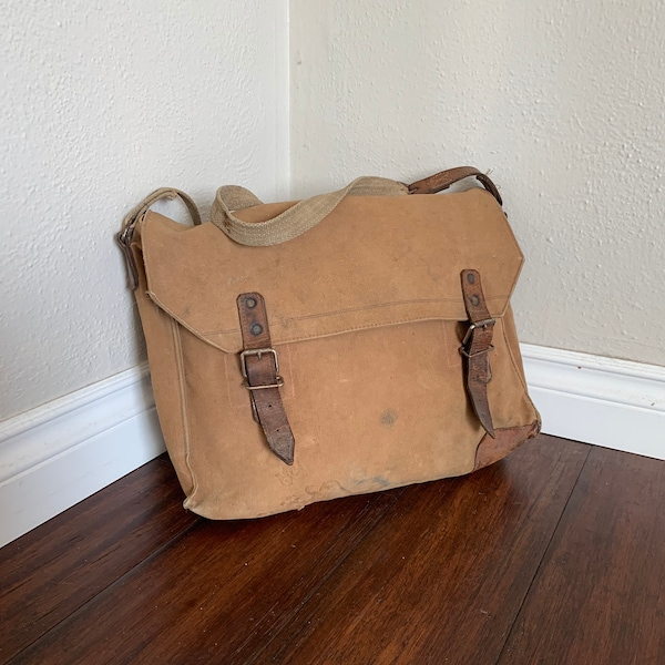 1950's Vintage French canvas leather game bag