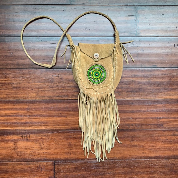 1970's Vintage Beaded Suede leather fringe bag Bo… - image 1