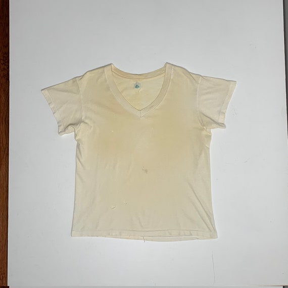 1970's Vintage White Cotton V Neck T shirt Distre… - image 1