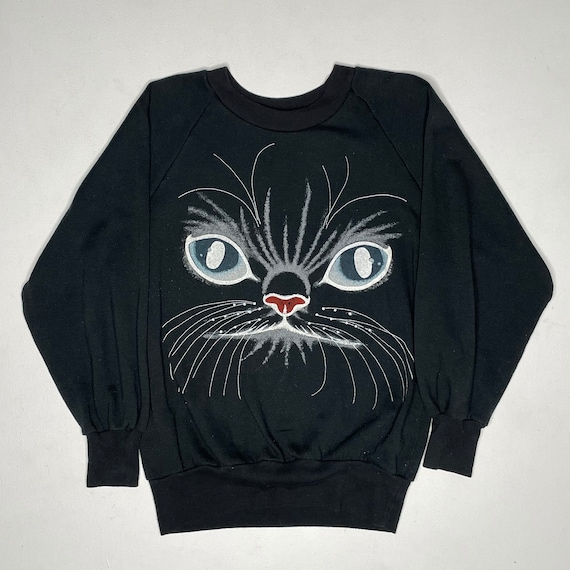 1980's Vintage Cat Sweater with Big Cat Face Blac… - image 1