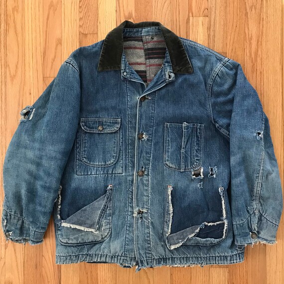 Vintage Denim Chore Coat Blanket lined Distressed