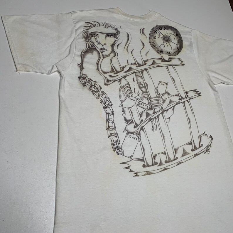 1990's Vintage Hand Drawn Prison T shirt Time Behind Bars XL image 1