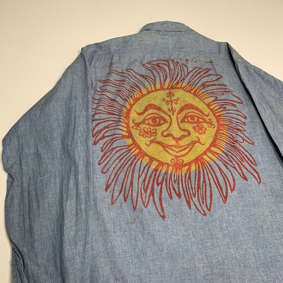1970's Psychedelic Sun Print Chambray Shirt Large