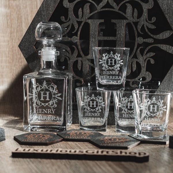 Whisky personnalisé, ensemble de carafe à whisky, cadeau de Noël, verres à whisky, pierres à whisky, ensemble de carafe à bourbon, cadeaux de whisky, carafes