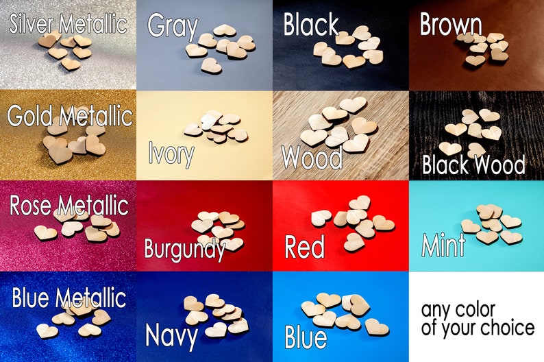 May include: A selection of wooden heart shapes in various colors, including silver metallic, gray, black, brown, gold metallic, ivory, wood, black wood, rose metallic, burgundy, red, mint, blue metallic, navy, and blue. The hearts are arranged in a grid pattern on different colored backgrounds.
