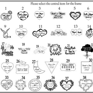May include: A black and white image showing 40 different designs for a wedding frame. The designs include hearts, flowers, trees, and other wedding-related imagery. The text "Scott & Megan" appears in several of the designs.