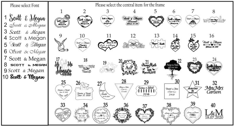 May include: A black and white image showing 40 different designs for a wedding frame. The designs include hearts, flowers, trees, and other wedding-related imagery. The text "Scott & Megan" appears in several of the designs.