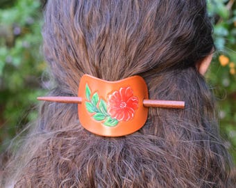 Leather Hair Barrette with stick hand tooled