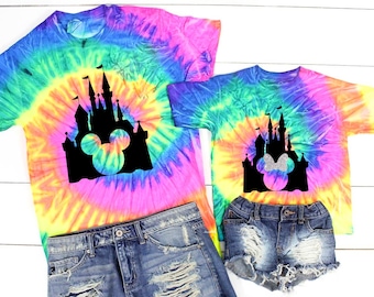 Tie Dye Disney Family Vacation Shirts, Neon Rainbow Tee with Castle graphic, 2025 Florida Group Trip, Youth Size, Matching Kids, XS, S, M, L