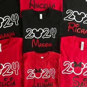 2024 Disney Shirts with Personalized Name, Matching Family Vacation TShirt, Black, Red, New Year, Group Shirts, Theme Park, Custom Name, kid