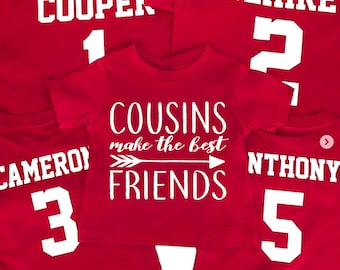 Personalized Cousin Shirts, Cousins make the best friends, Cousin Crew, Red T-shirt, with Custom Name, Number, Baby, Toddler, Youth, Adult,